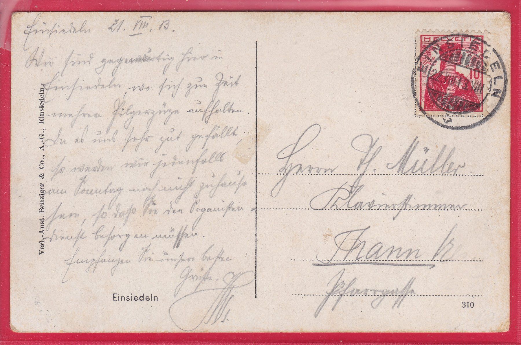 Cartoline postali: EINSIEDELN - KLOSTER, 22.8.1913 – Usato da Oberrieden venduto da Gebirgsstelze 1