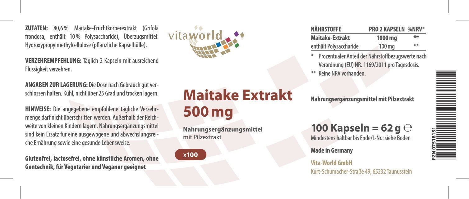 Alimentazione, Vitamine & Minerali: Maitake Extrakt 500mg 100 Vegi Kapseln – Nuovo e nell'imballaggio originale da Tiefenbach venduto da nhp-bedarf 1