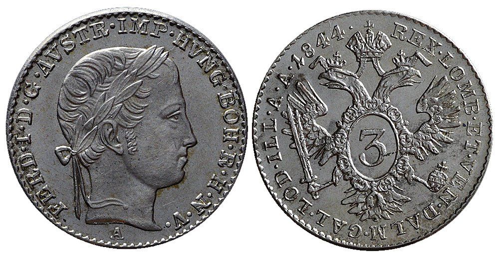 Tutti le monete: 3 Kreuzer 1844 A, Wien – Usato da Chiasso venduto da Novamarketing