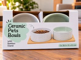  Gamelles en céramique pour animaux avec support en bambou