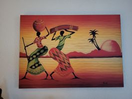 Afrikanisches Sonnenuntergang Bild auf HolzLeinwand.Von Hand