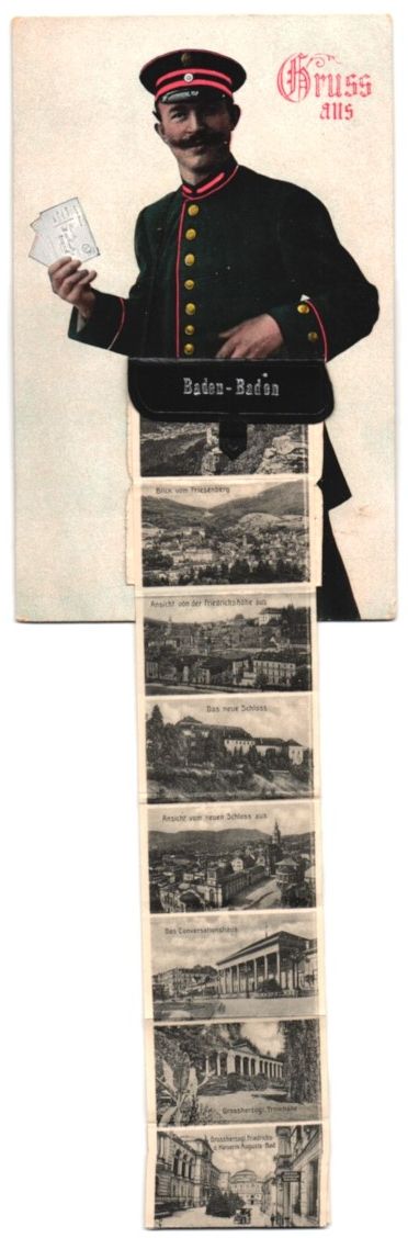 Cartoline postali: Leporello-AK Baden-Baden, Postbote mit T – Usato da Berlin venduto da bartko-reher