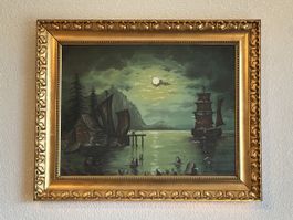 Ölbild Mondschein Segelschiffe 1926
