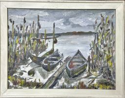 Antik Tempera Gemälde von ein Bootszene an der See, 35x30 cm