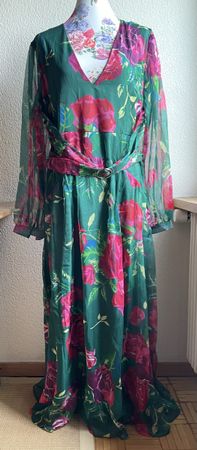 💚 Festliches Kleid lang grün mit Rosenprint 3XL ca. Gr. 44