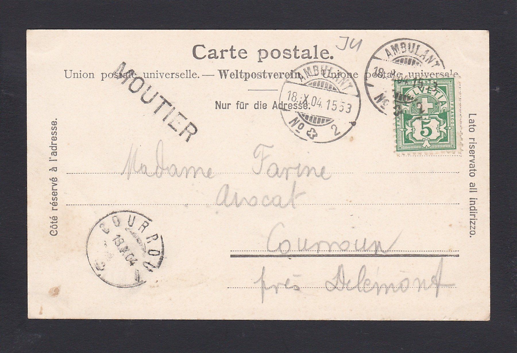 Cartoline postali: MOUTIER 1904, Stabstempel! – Usato da Reiden venduto da cinfis 1