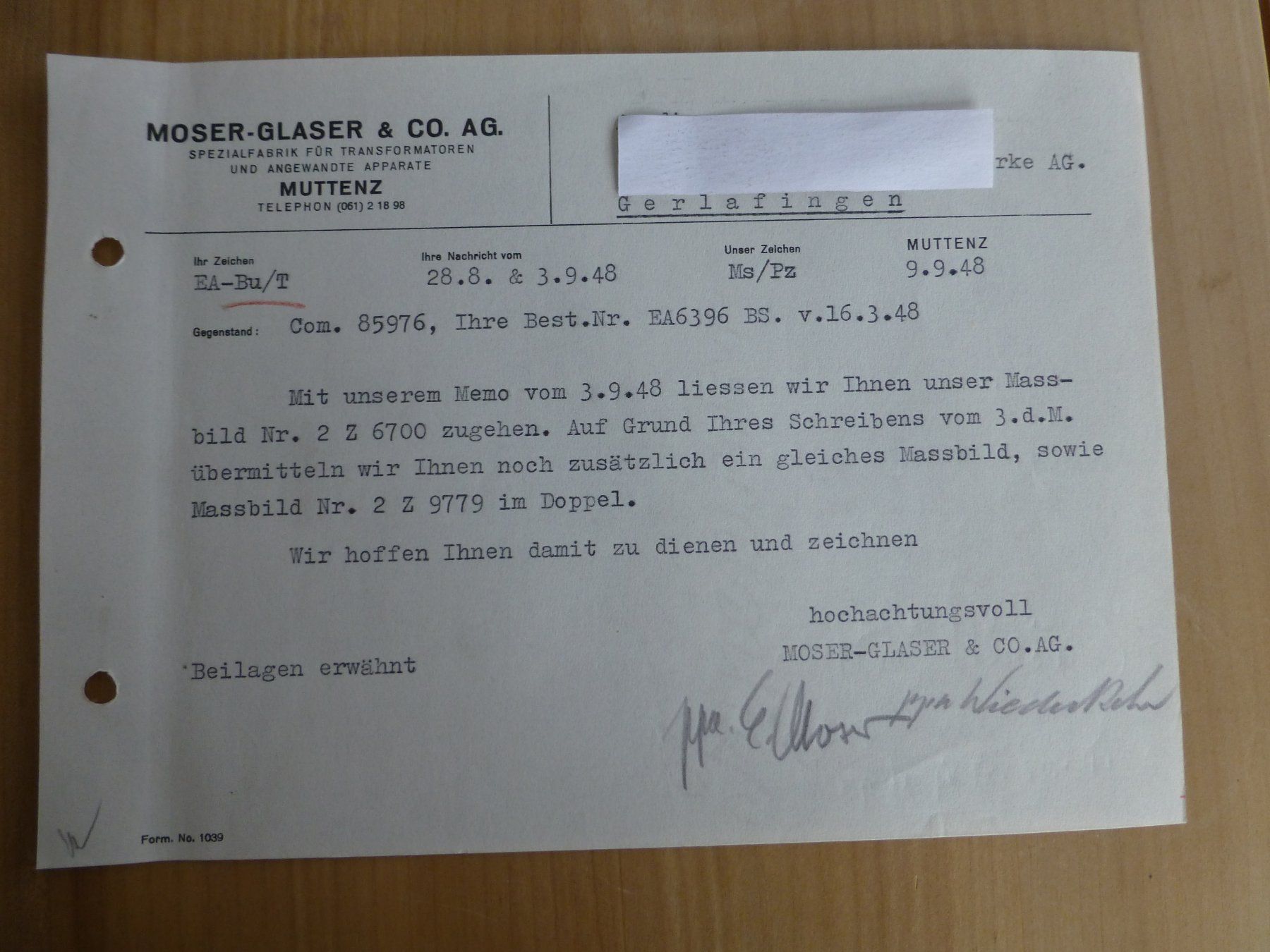 Foto & Immagini: Muttenz, Moser-Glaser & Co. AG Transformatoren 1948 – Usato da Bettlach venduto da 1saurer