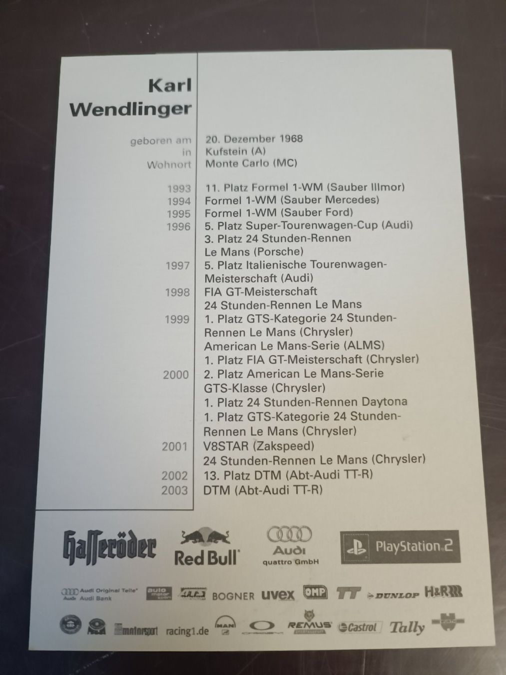 Autografi: Karl Wendlinger - handsigniert - Motorsport – Usato da Menziken venduto da Artographs 1