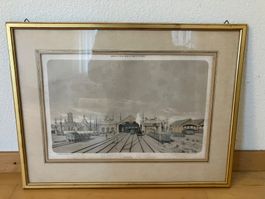 Grosser Antiker Stich Bahnhof "Dieppe" - in goldenem Rahmen