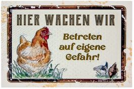Blechschild 3D-HÜHNER-HIER WACHEN WIR-RUSTIKAL