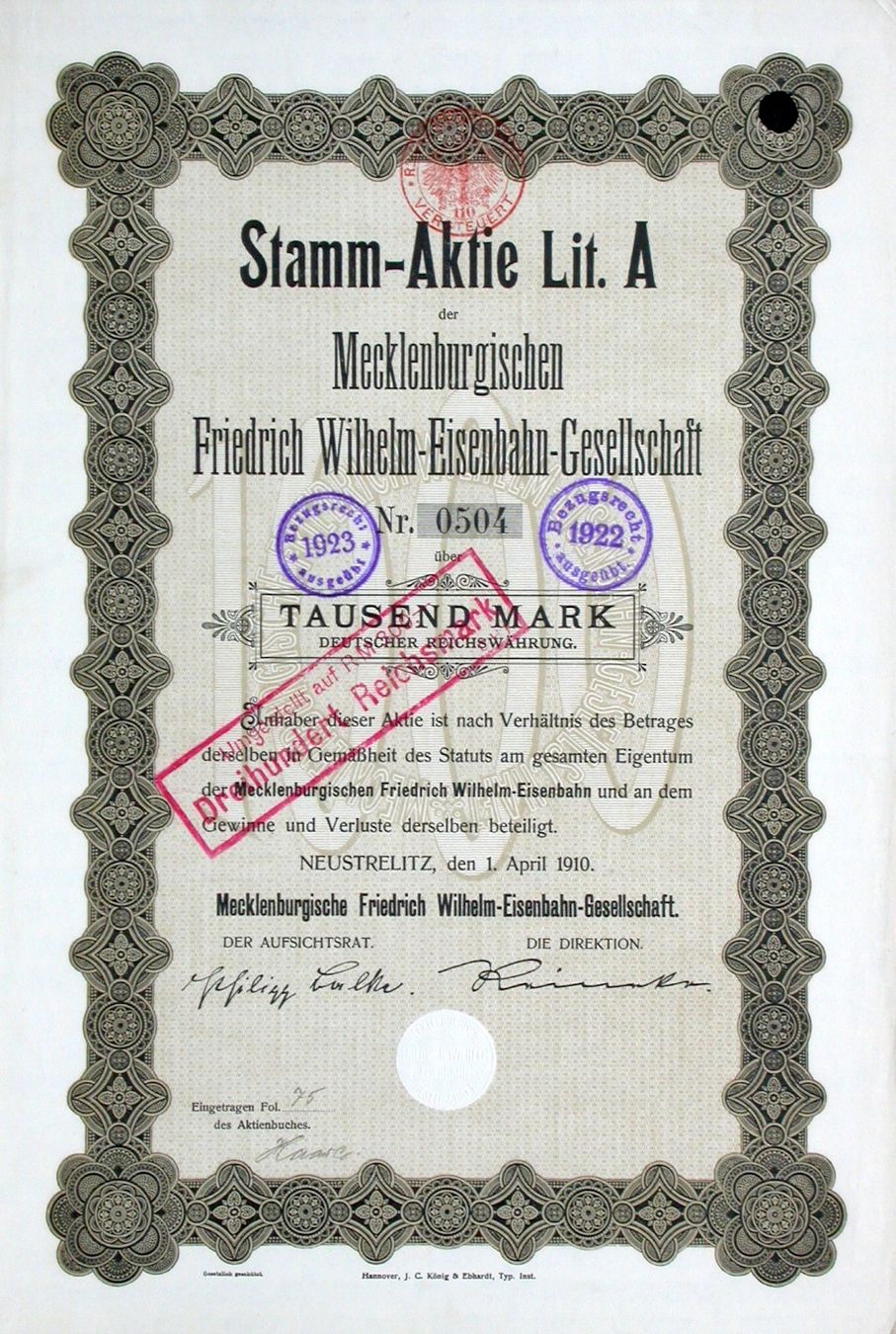 Documenti: Mecklenburgische Friedrich-Wilhelm-Eisenbahn-Ges. - 1910 – Usato da Solothurn venduto da Sgasche