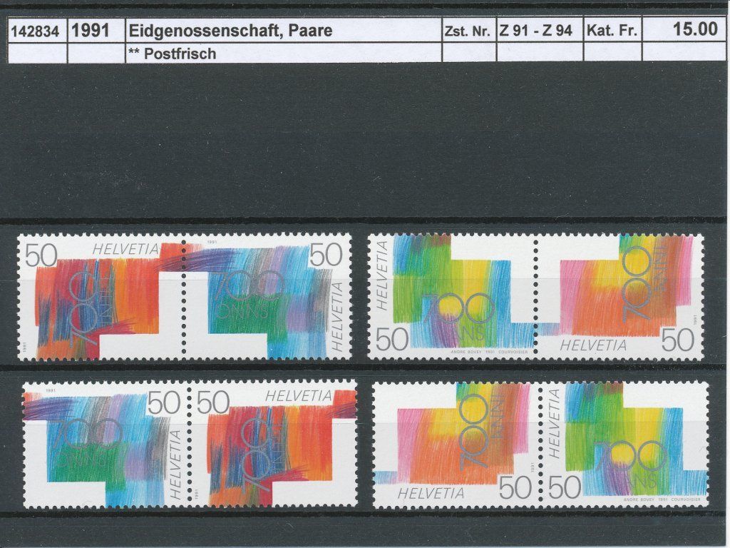 Tutti i francobolli: 1991 Paare, "700 Jahre Eidgenossenschaft", ** postfrisch – Nuovo (secondo la descrizione) da Winterthur venduto da Zupogeru