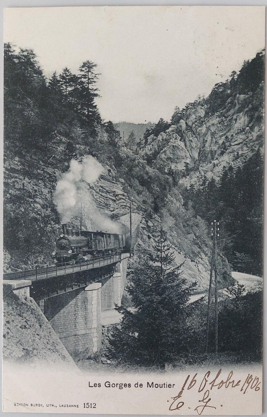Cartoline postali: MOUTIER  - Les Gorges -  Train à vapeur - 1906 – Usato da Delémont venduto da Domdom1