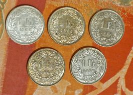 5 Stk 1 Franken Schweizer Münzen Jg 1960-1966