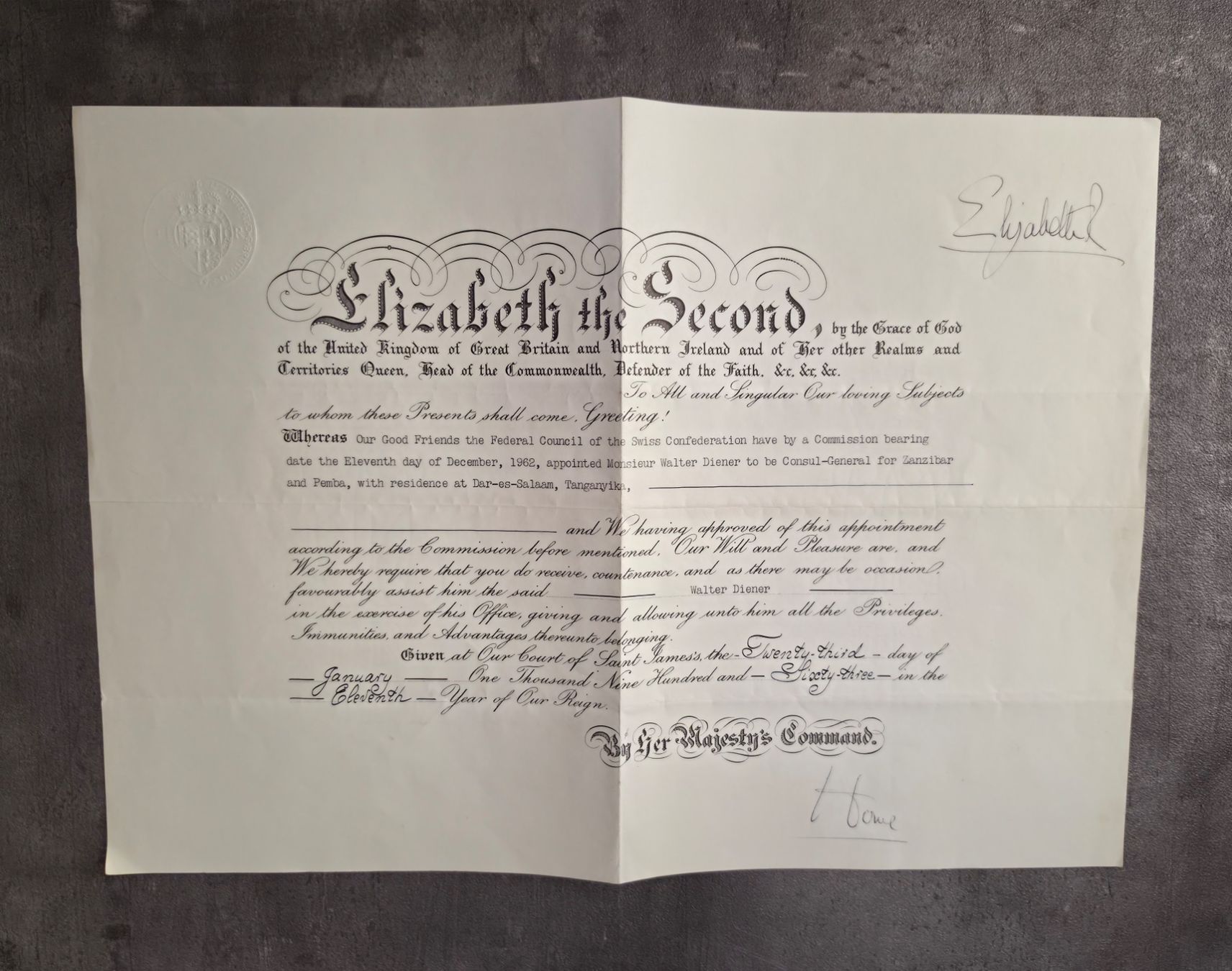 Documenti: Document nomination Reine Élisabeth Consul-General Zanzibar – Usato da Posieux venduto da Angeles82