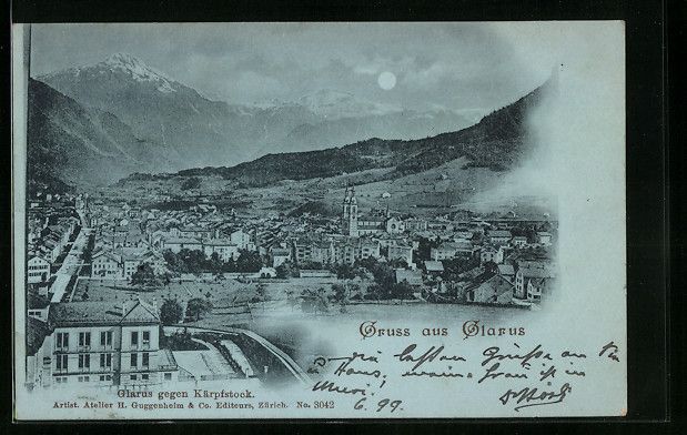 Cartoline postali: Mondschein-AK Glarus, Gesamtansicht mit  – Usato da Berlin venduto da bartko-reher