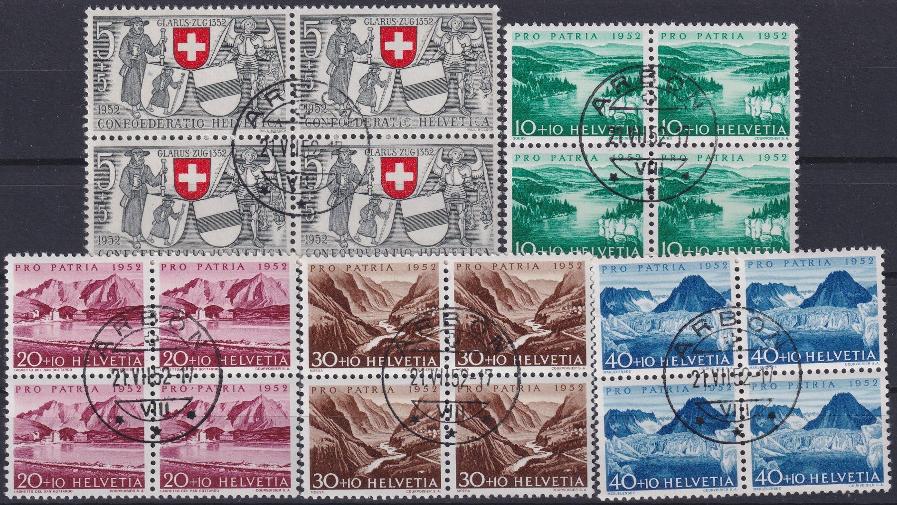 Tutti i francobolli: 1952, PP B56-B60 Viererblöcke ET-Stempel ARBON, Kat: 200.- – Usato da Sursee venduto da Luzernerraute