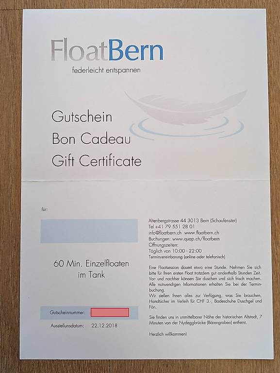 Buoni: FloatBern Gutschein - 60 Minuten Einzelfloat im Tank – Nuovo (secondo la descrizione) da Ittigen venduto da Borealis1