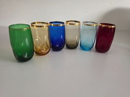 Vintage Trinkgläser Set farbig - 6 Stück Goldrand - 1960er