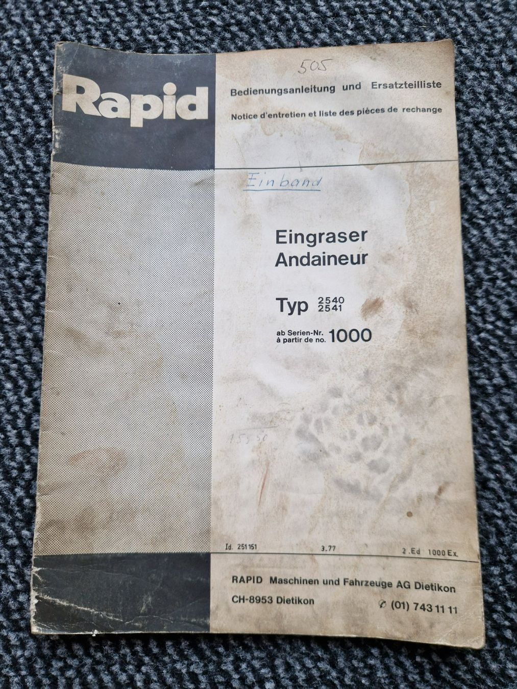 Rapid Trattori: Original Anleitung + ET-Liste Rapid Eingraser 2540 / 2541 – Usato da Dürnten venduto da Bachtel84