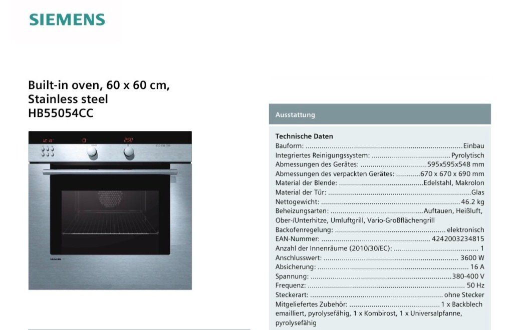 Siemens Forni: Einbaubackofen Siemens HB555054CC – Usato da Winterthur venduto da nic_k899 1