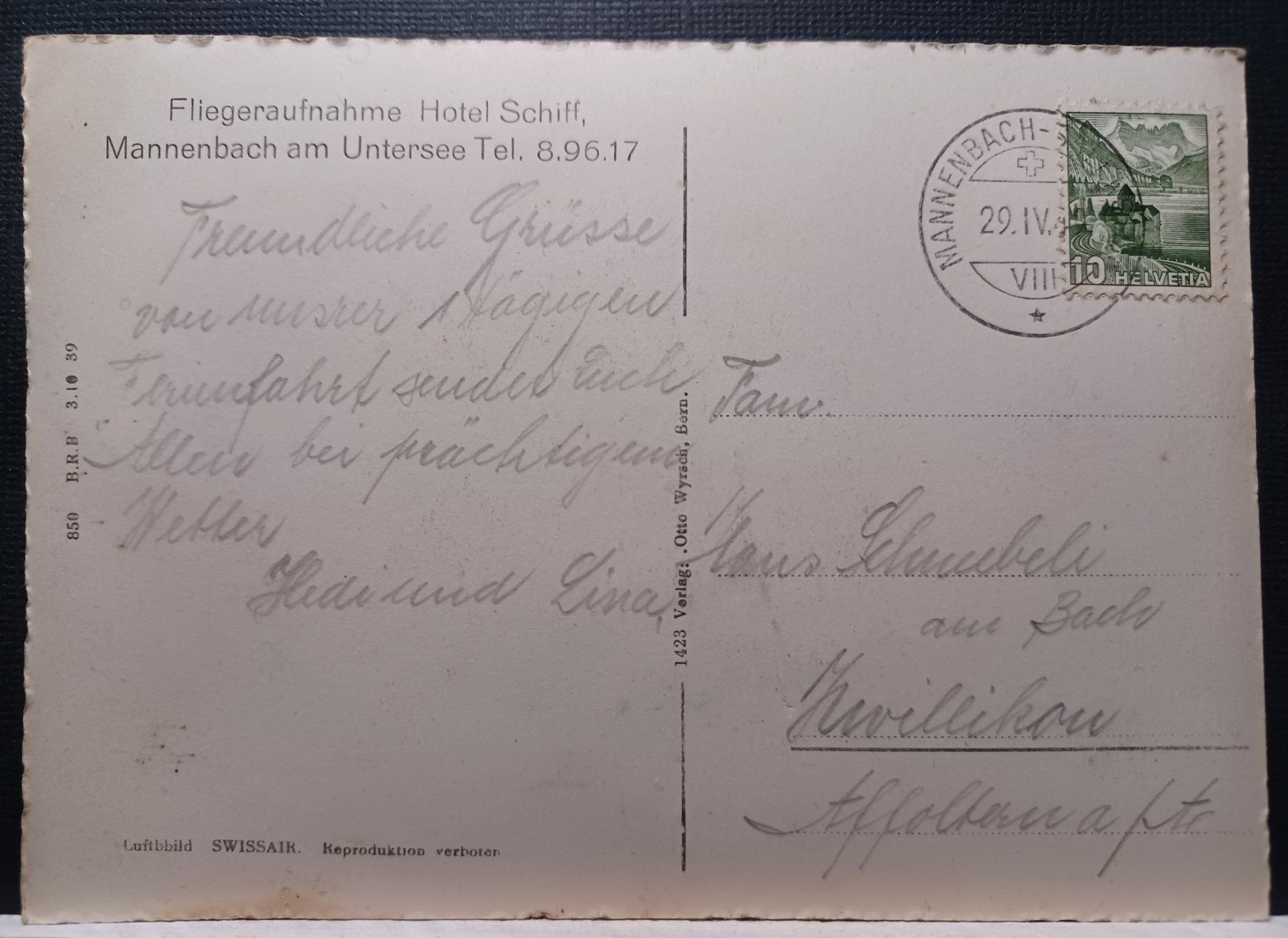 Cartoline postali: Luftbild Swissair, Hotel Schiff, Mannenbach, 1949 – Usato da Aarau Rohr venduto da mgvw 1