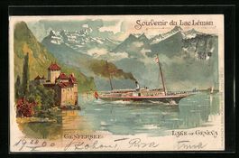 Künstler-AK Genf, Genfersee mit Dampfer