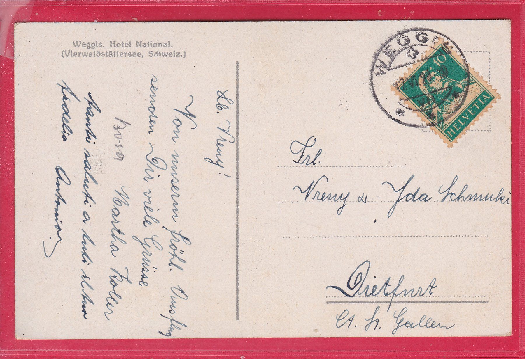 Cartoline postali: WEGGIS, HOTEL NATIONAL, 17.6.1929 – Usato da Oberrieden venduto da Gebirgsstelze 1