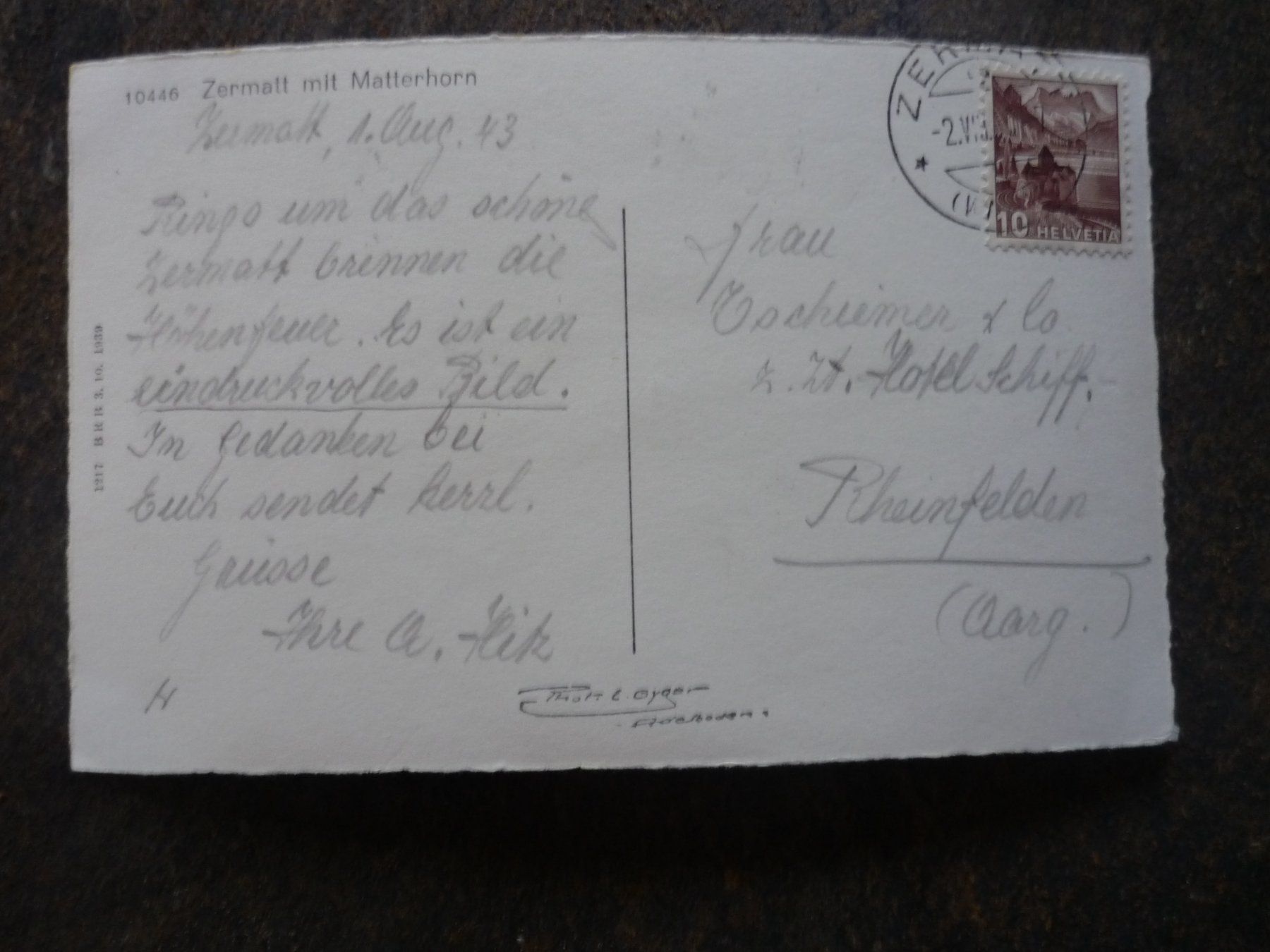 Ansichtskarten: Alte Ansichtskarte Zermatt mit Matterhorn 1. Aug. 43 – Gebraucht aus Langnau i. E. von Laendu7000 1
