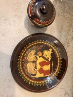Keramikschale mit Deckel und Teller bemalt handgemacht 