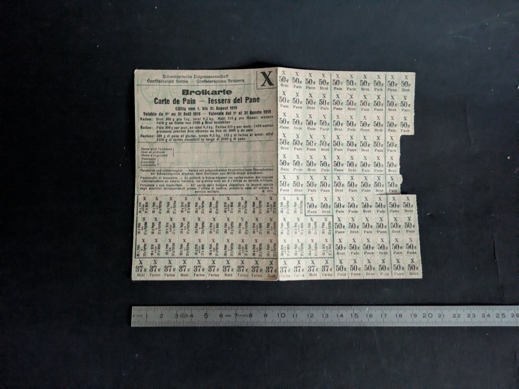 Documents: Brotkarte der CH-Eidgenossenschaft,Rationierung, August 1919 – D'occasion à Basel par Arkouda