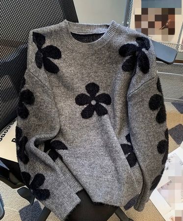 Chic Maglione a maglia grigio fiori neri,M/Lnuovo-inverno 👍