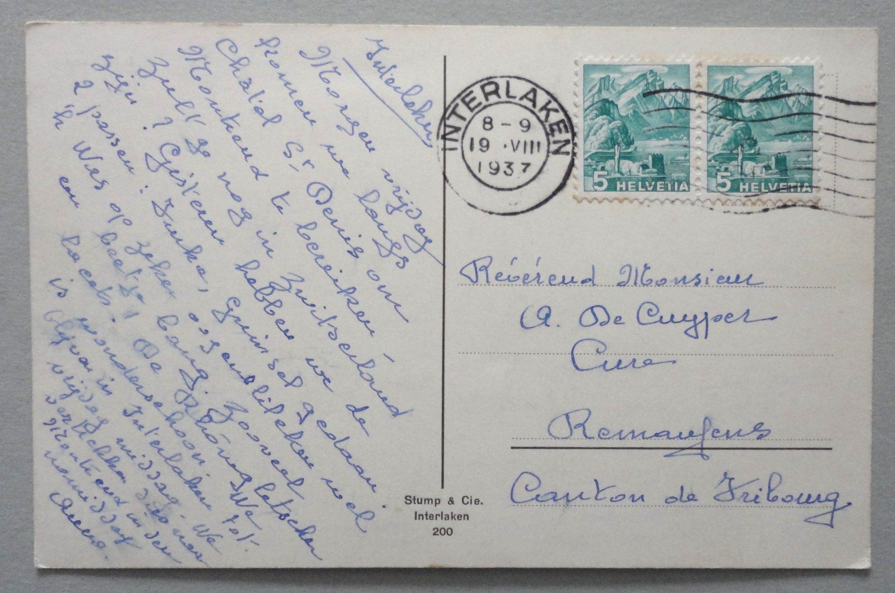 Cartoline postali: Interlaken – Usato da Fétigny venduto da Billy2miny 1