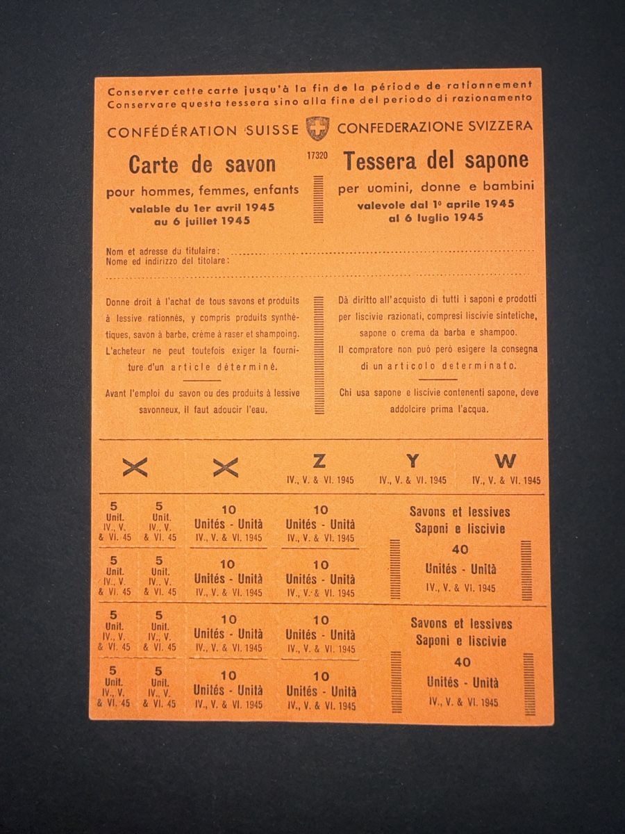 Altre raccolte & rarità: Rationierungskarte Seife 1945 – Usato da Grenchen venduto da Bastet007 1