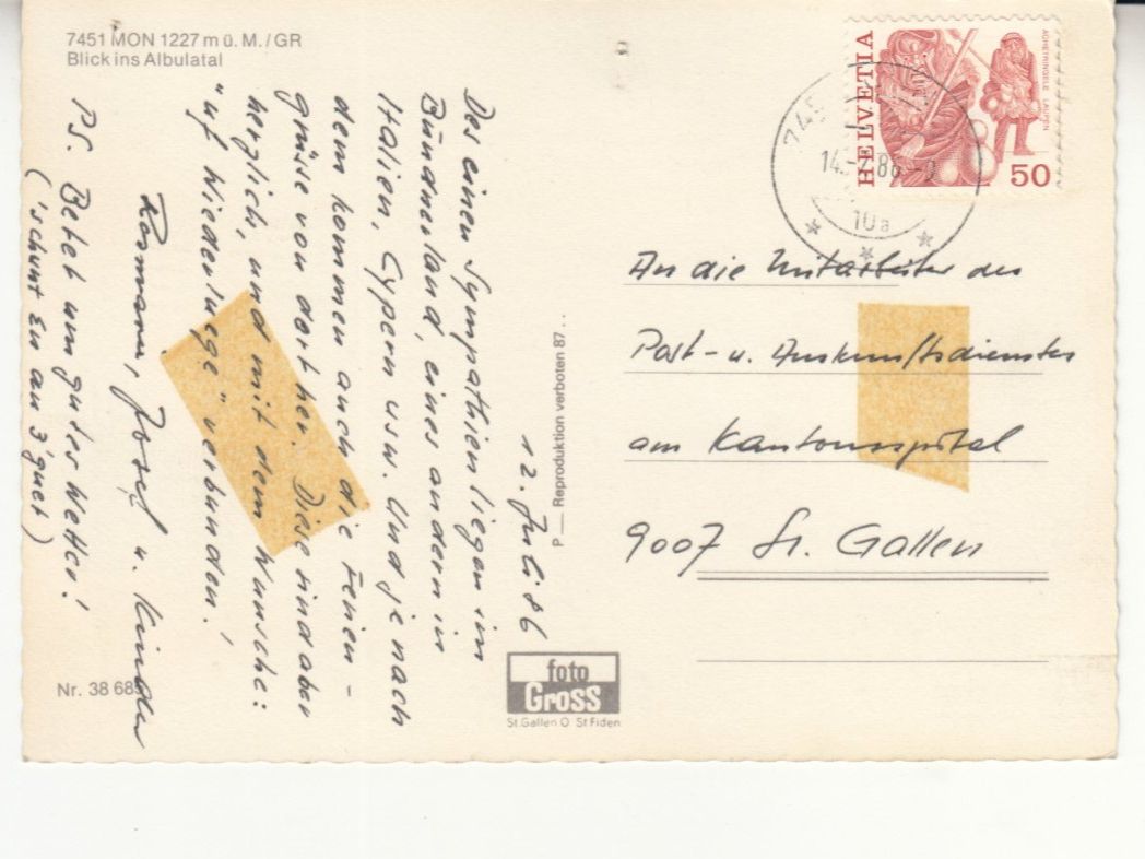 Cartoline postali: Mon 1986 – Usato da Bürglen TG venduto da StampGraf 1