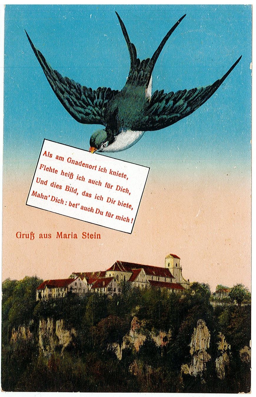 Cartoline postali: SO 107 MARIASTEIN Schwalbe mit Vers 1923 – Usato da Fribourg venduto da philafri