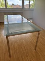 Design Esstisch aus Glas, mit Holzeinlage/-Verlängerung