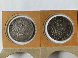2x 3 Mark 1912 & 1914 mit Wilhelm II, Silber