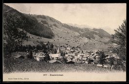 AK Zweisimmen, Ortsansicht mit Kirche und Bergpanorama