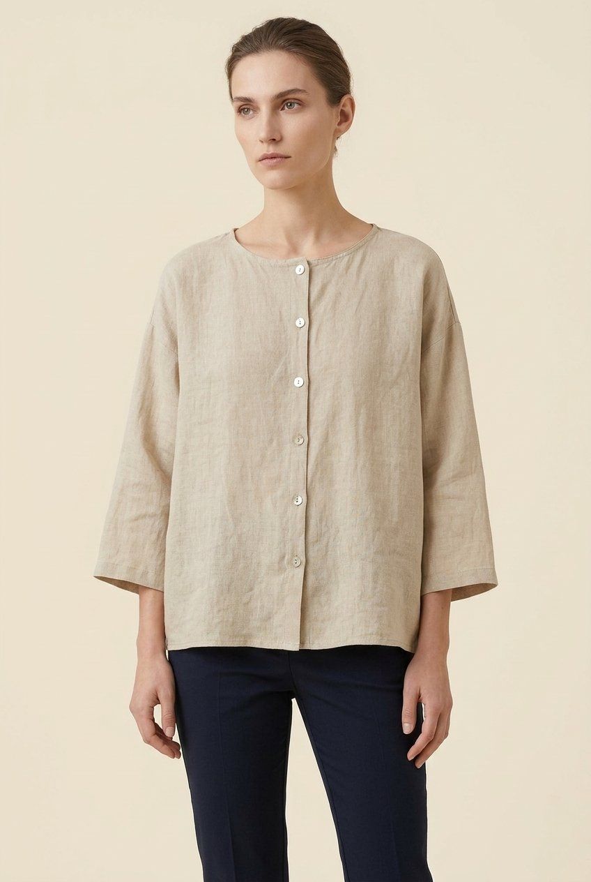 Camicette: Blouse 100% Lin Beige Manches 3/4 T. L – Usato da Fribourg venduto da re-fine