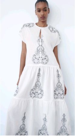 ZARA Dress besticktes Kaftan MAXI Kleid Baumwolle weiss Gr.S