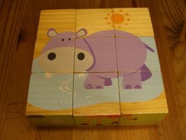 herziges Würfelpuzzle f. Kleinkinder, Holz, aufgemalte Tiere