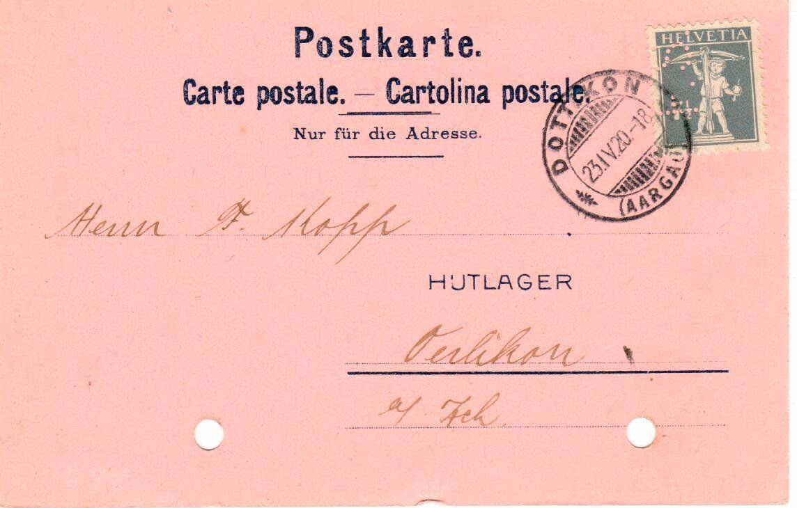 Tutti i francobolli: Postkarte - Perfin Dottikon 1920 – Usato da Wolhusen venduto da Curver9