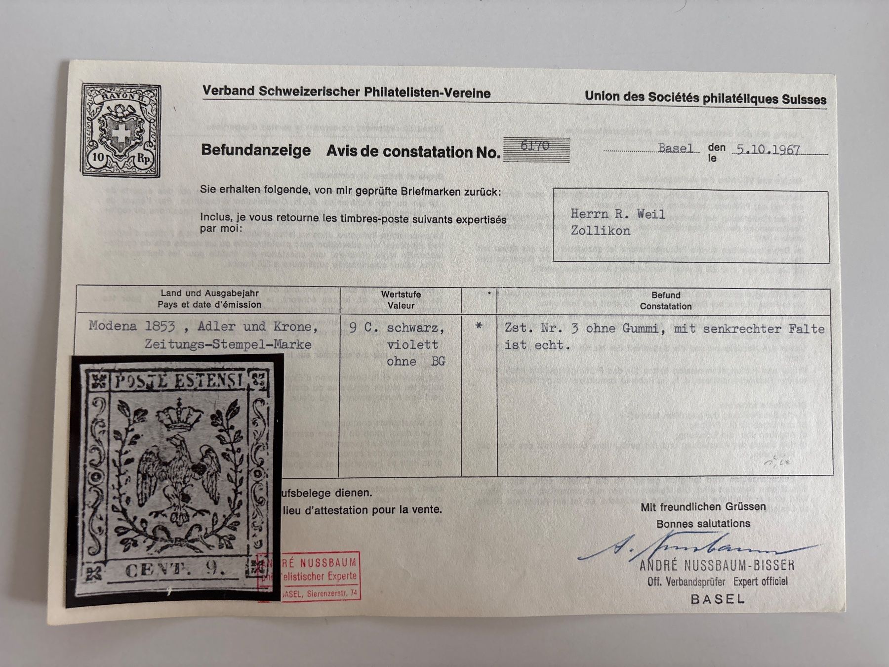 Tutti i francobolli: Lot Marken Modena 1852 – Usato da Adliswil venduto da derrick0825 3