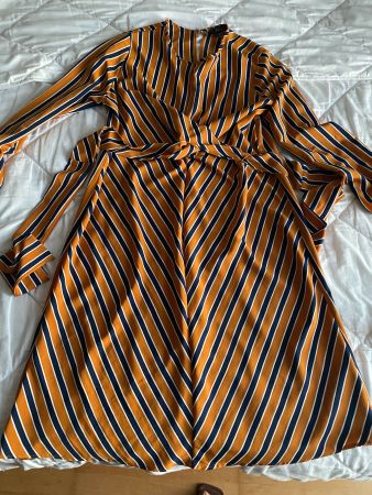 Neues Kleid, gestreift, blau-gelb/orange, A-Form, Wickelopti