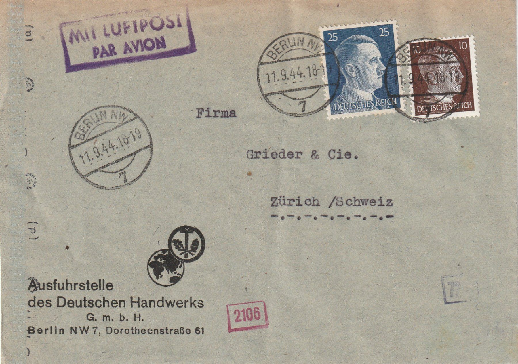 Tutti i francobolli: Deutsches Reich Flugpost 1944 – Usato da Rorschacherberg venduto da fratovi2