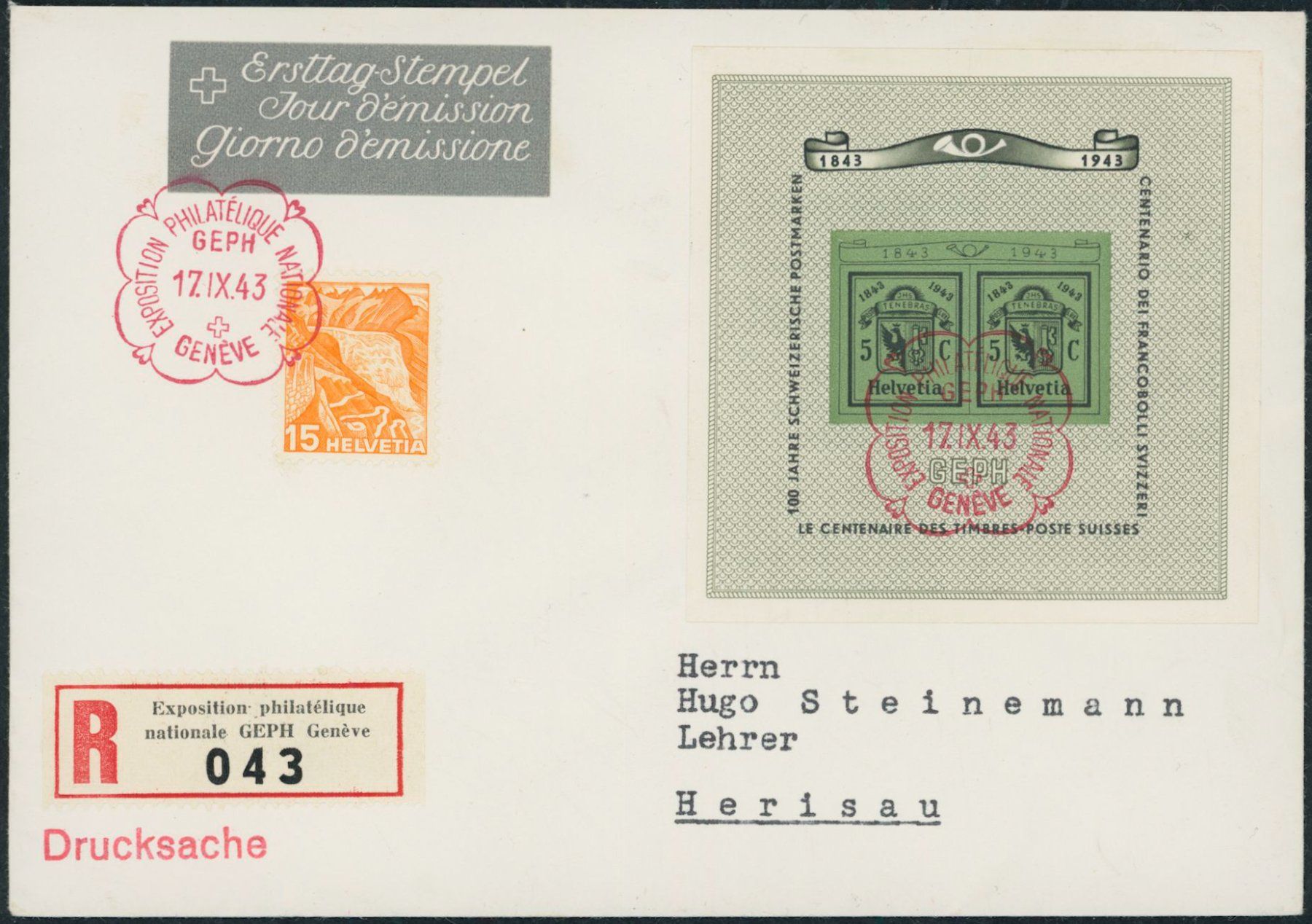 Alle Briefmarken: 1943 - Genf - Naba - Block - Ersttagsbrief FDC ET - Gaudard – Gebraucht aus Schindellegi von leecollect