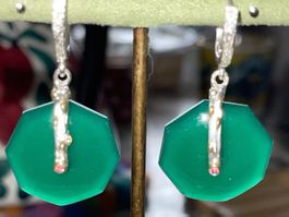 🟢Green Onyx & Pink Sapphires Sterling Silver 925 Earrings🟢