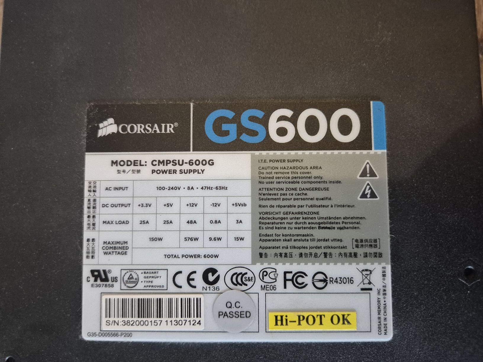Corsair PC: Alimentation Corsair GS600 – Usato da Vuadens venduto da Brice57 1