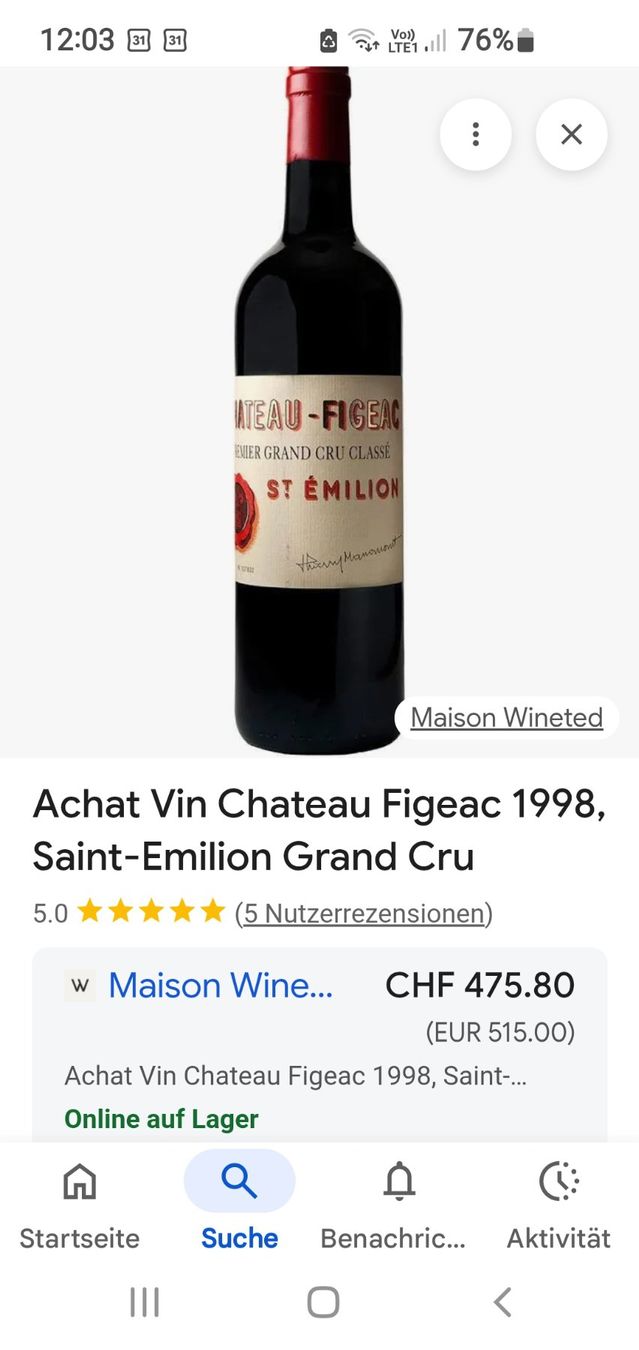 Vino: 1 Flasche Château Figeac Saint-Emilion GCC B 1998 – Nuovo (secondo la descrizione) da Meinisberg venduto da Kenmare 3